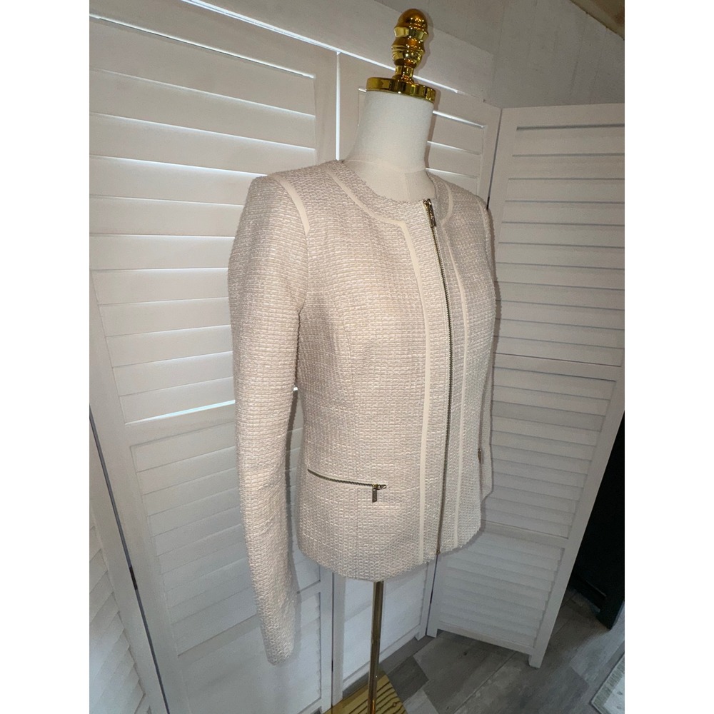 Karl Lagerfeld Paris Tweed Jacket Womens Cream Gold Zip Professional Size 8 - Picture 3 of 7